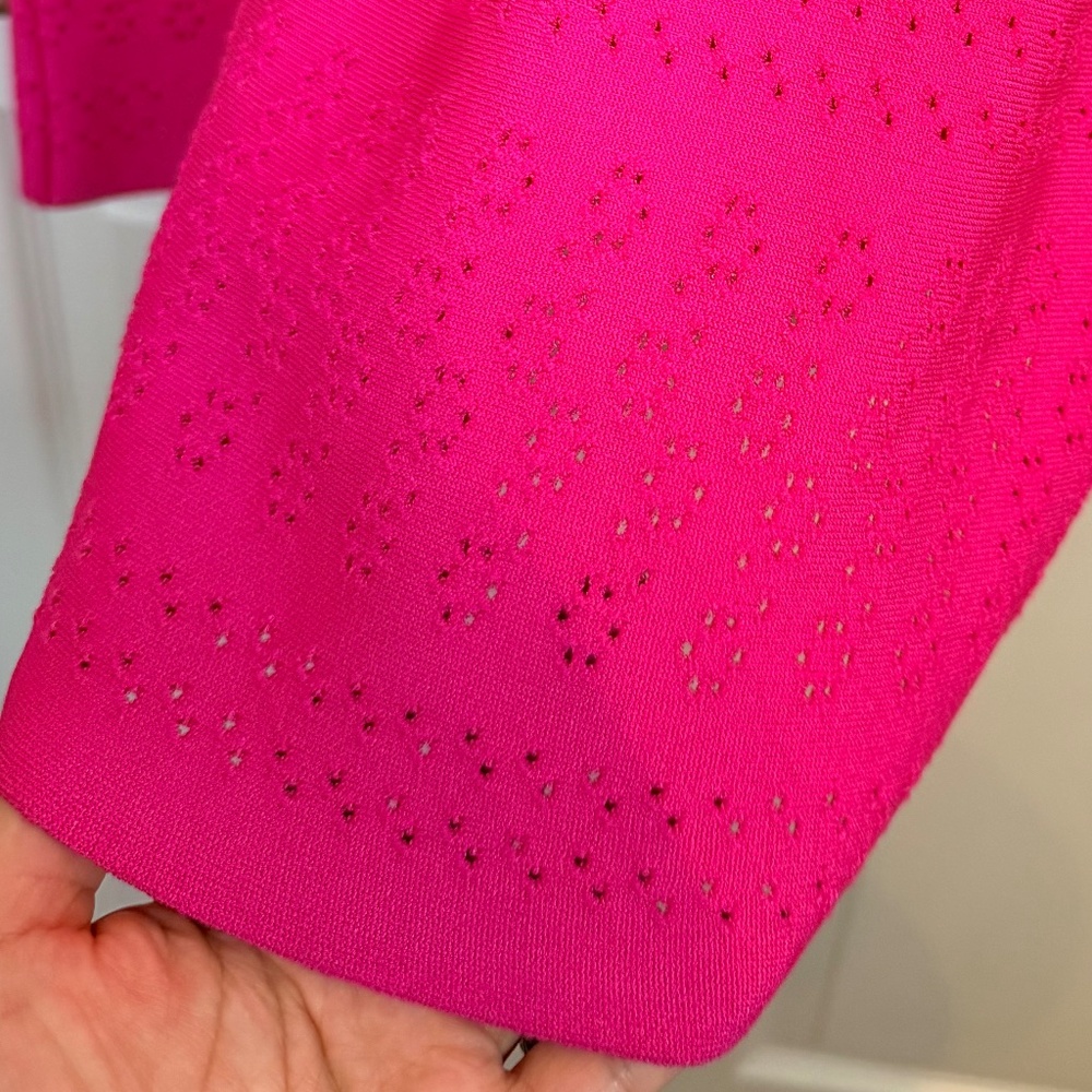 CAROLINA HERRERA - Bright Pink Knit Fit and Flare Dress with Perforated him - Picture 3 of 6